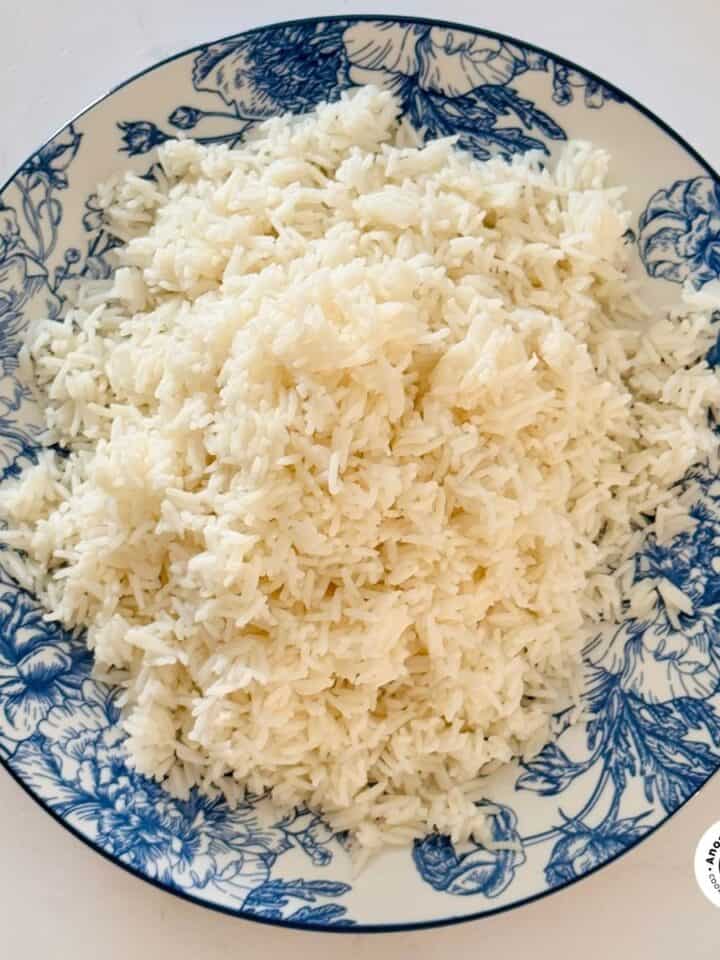 basmati rice on a blue plate