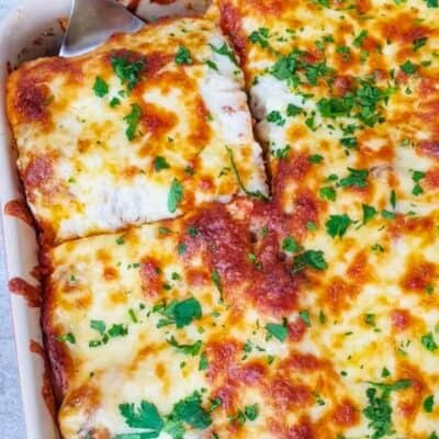 baked homemade lasagna in an oven dish ready to serve