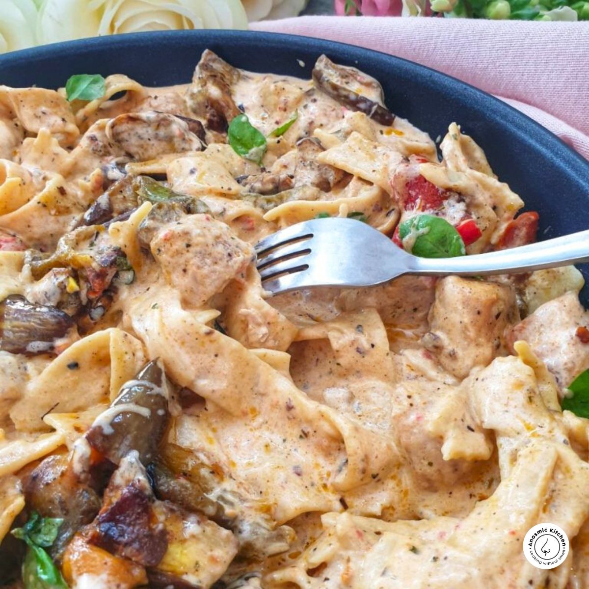 creamy fettucine pasta with eggplant and peppers