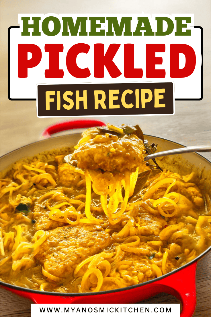 Pickled fish being lifted with a spoon, showing curry and onion sauce — easy homemade recipe