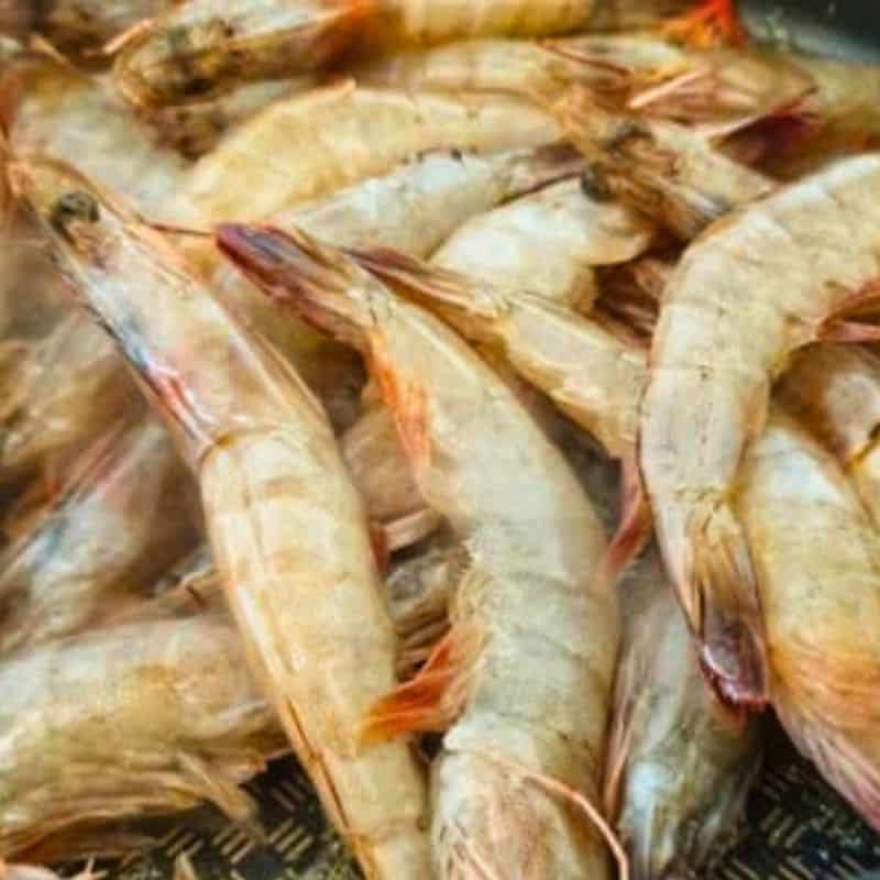 prawns cooking, showing a different shade of pink