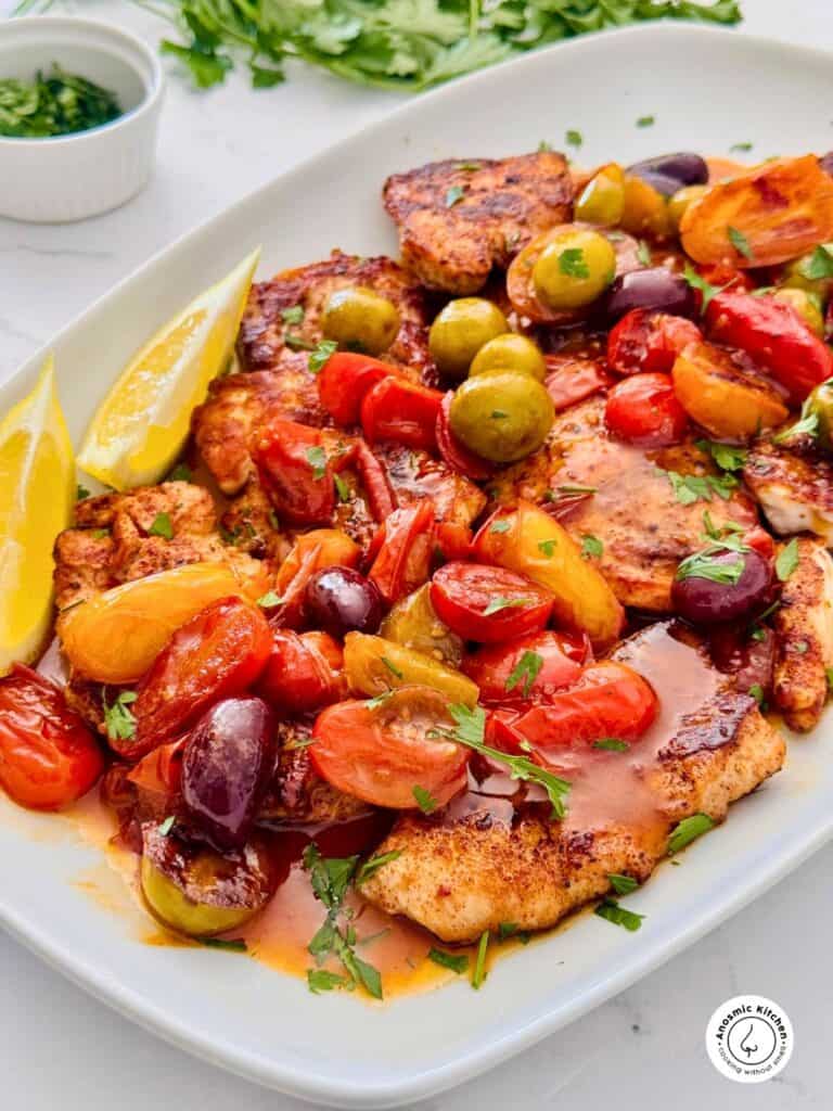 pan-fried yellowtail fish recipe with cherry tomatoes and olives, lemon wedges and.a sauce on a platter, wtih small bowls of freshly chopped herbs around.