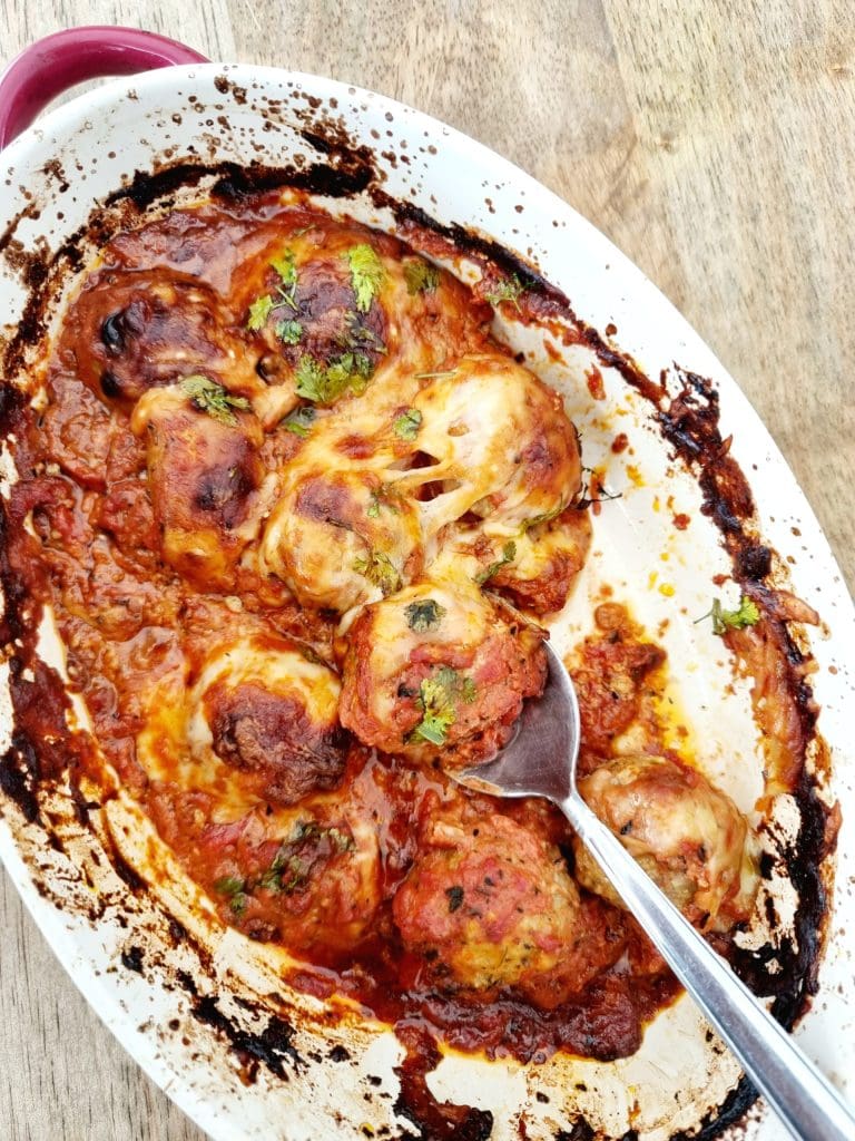 Cheesy Oven Baked Meatballs in Sauce