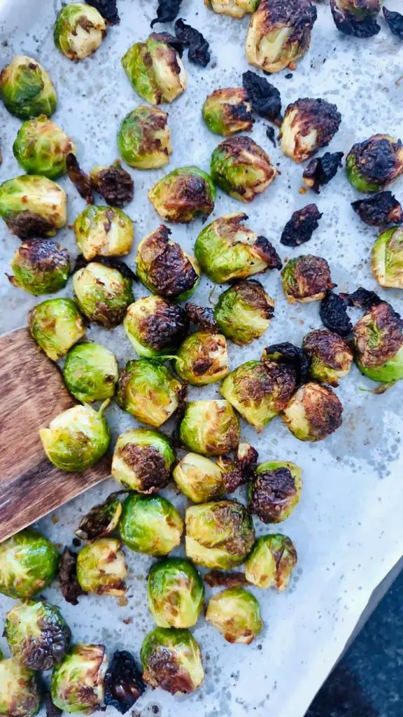 roasted Brussel sprouts on a baking sheet