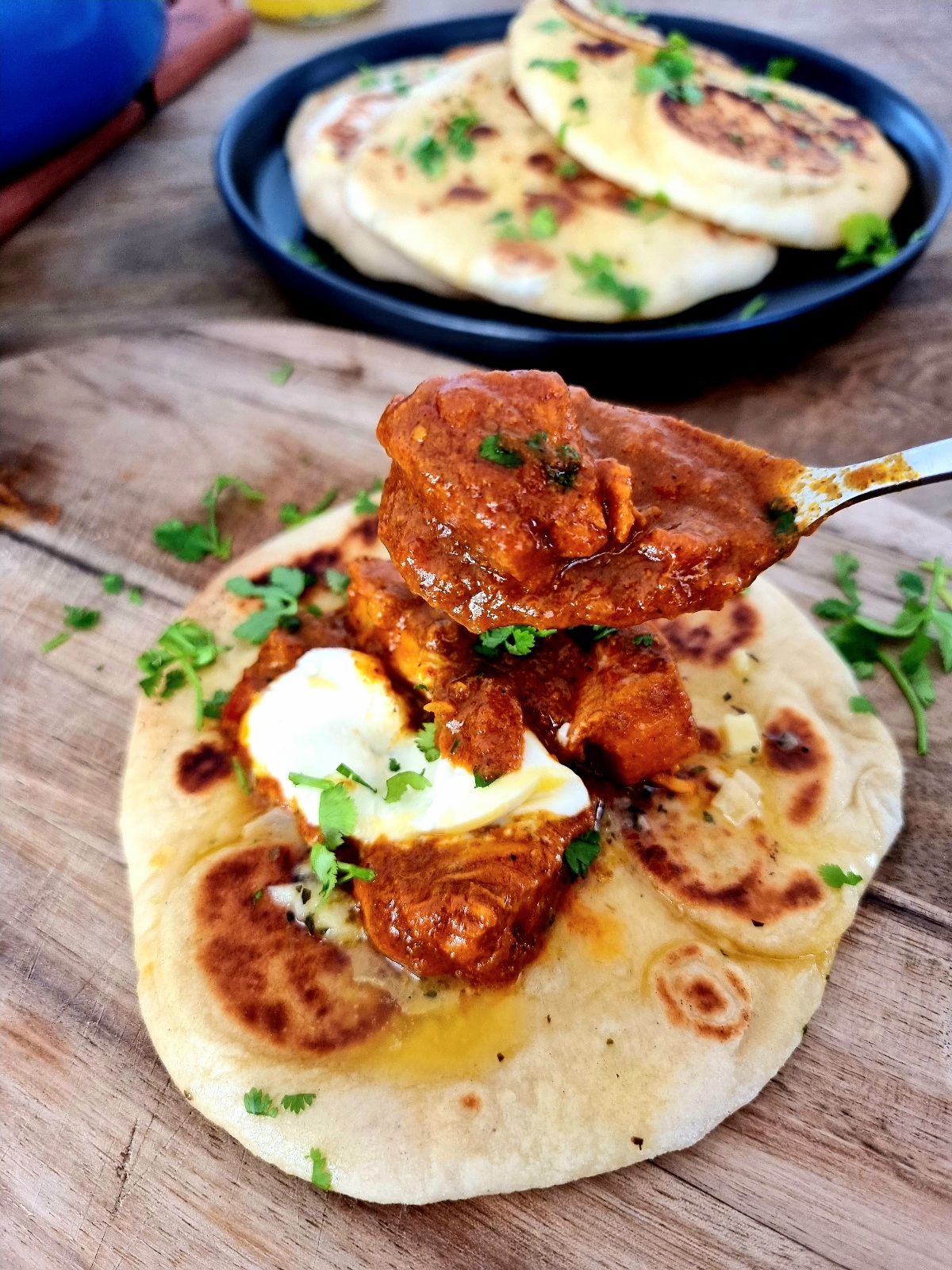 curry on naan bread with yogurt