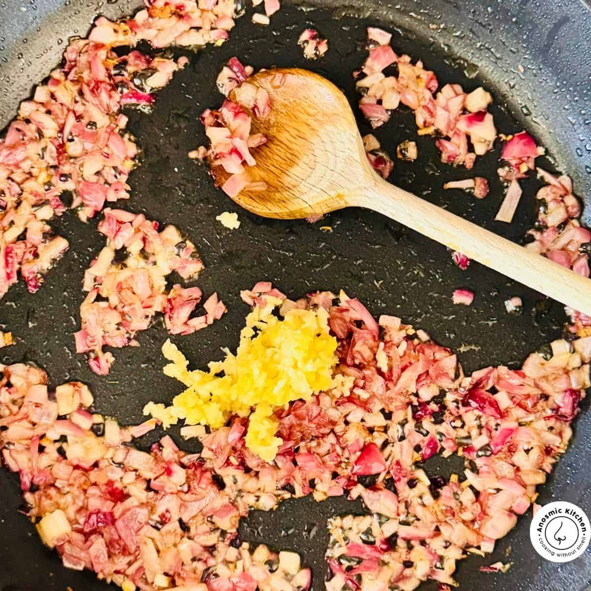 garlic and onion frying in pan