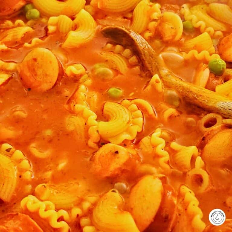 frankfurter pasta with a wooden spoon