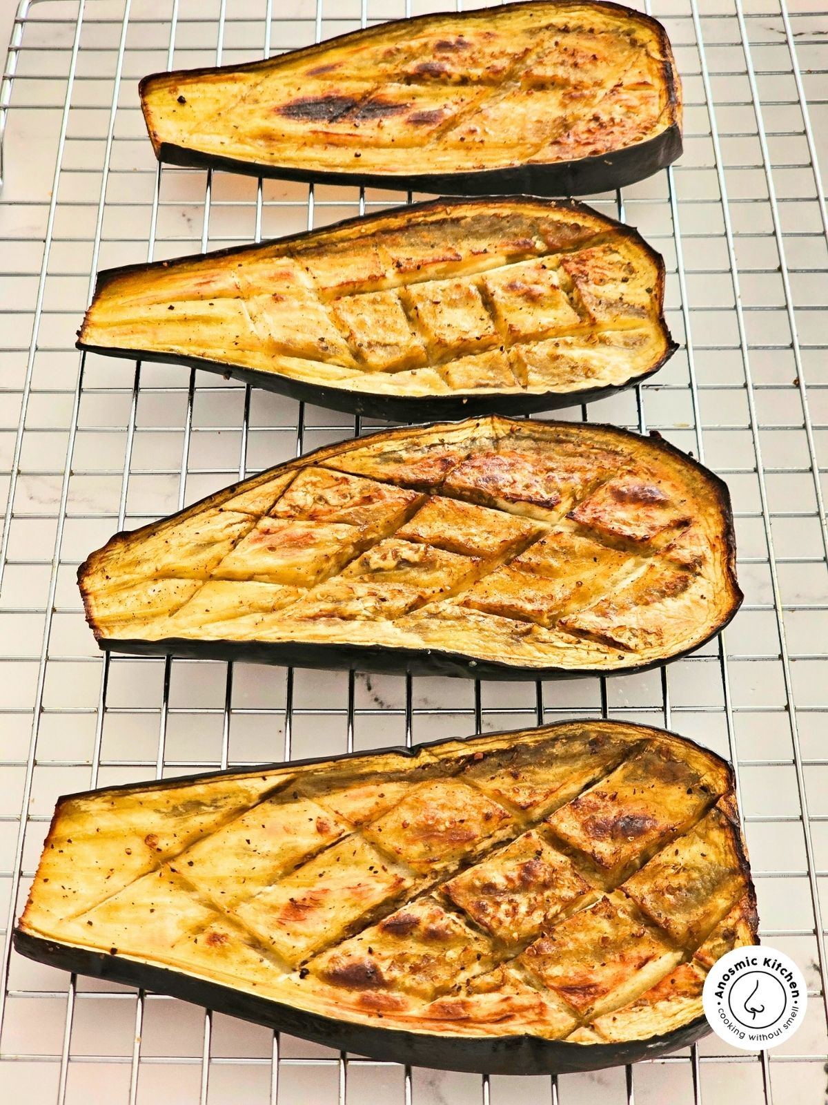 grilled scored eggplants