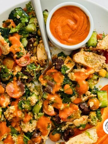 chicken couscous salad with roasted pepper dressing