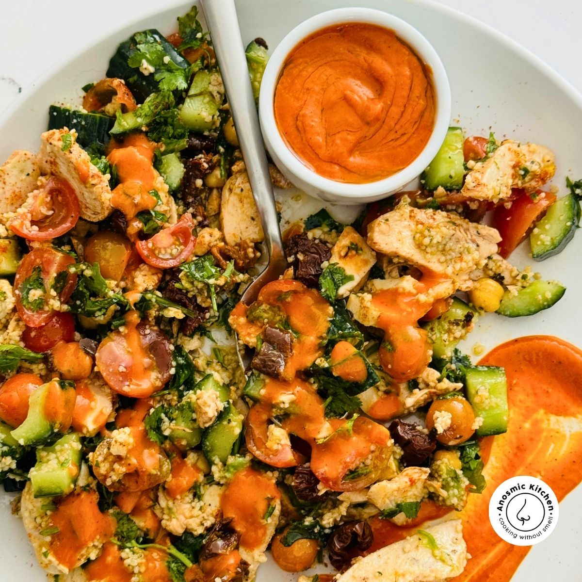 chicken couscous salad with roasted pepper dressing