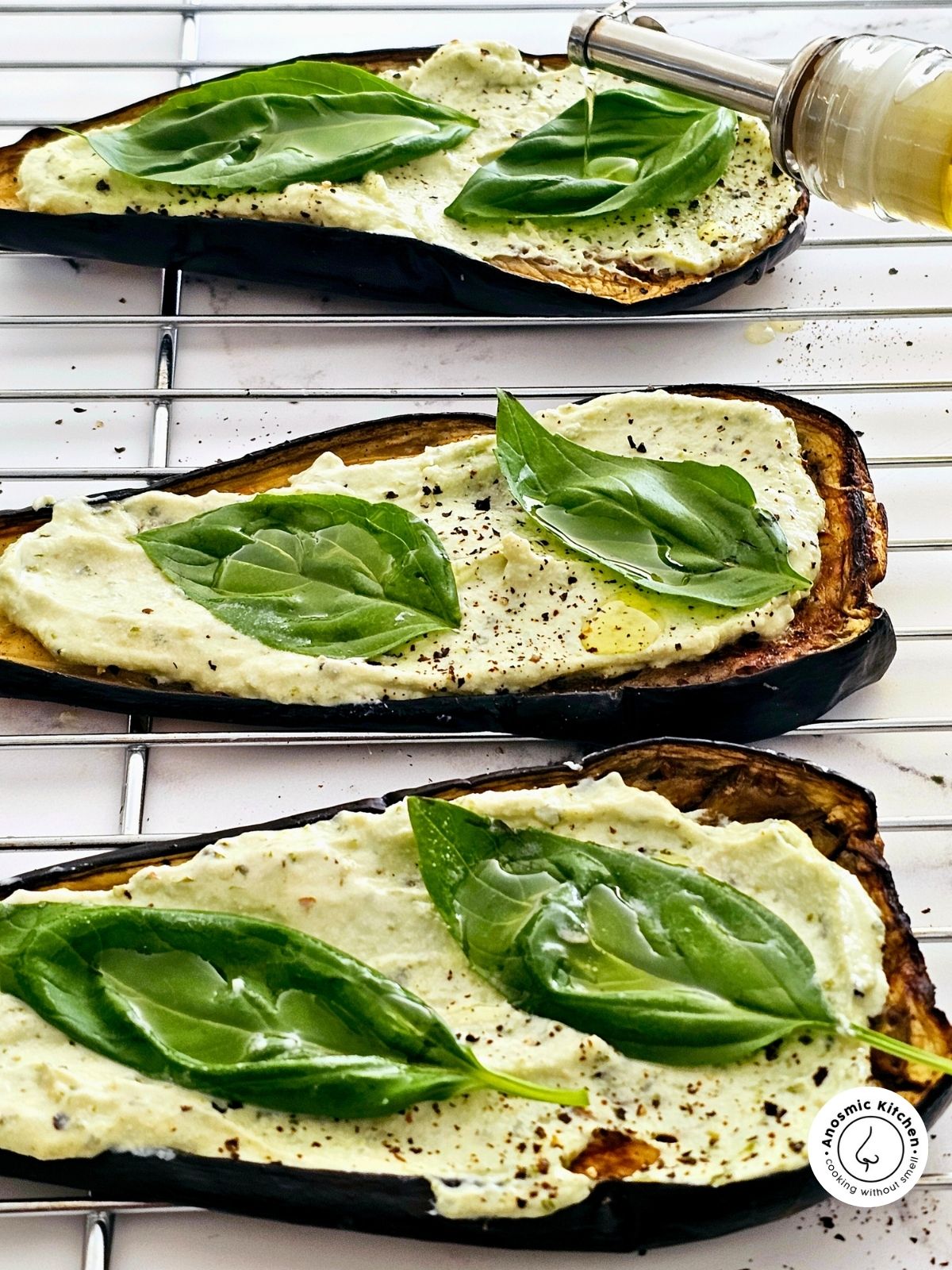 fresh basil eggplant slices