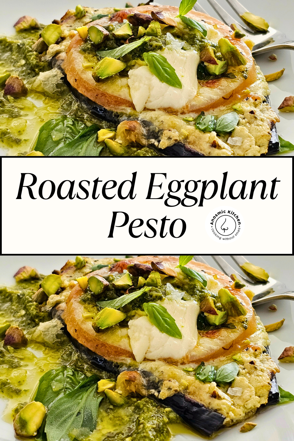 roasted eggplant slices with melted cheese and pesto