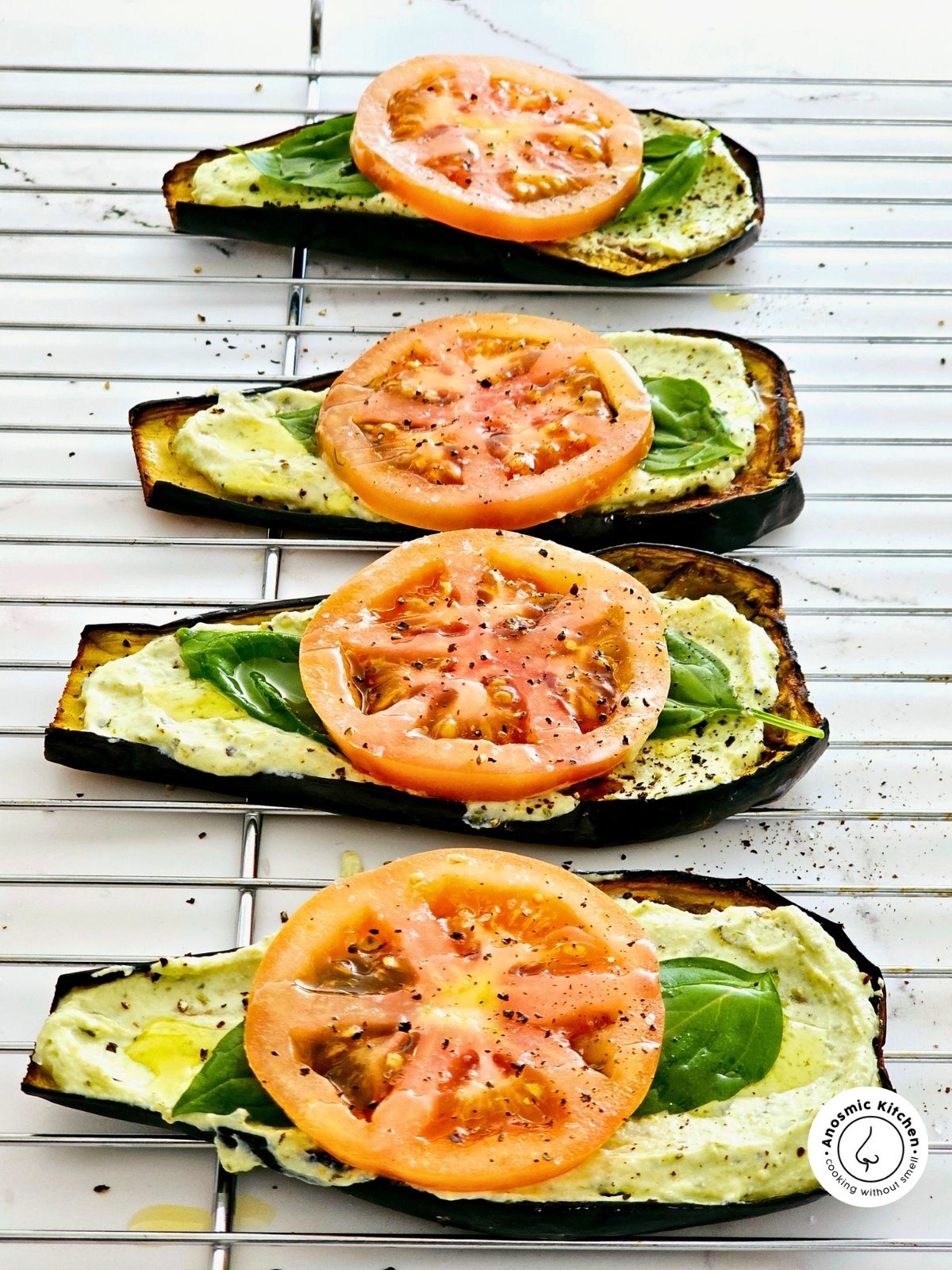 tomato basil on roasted eggplant