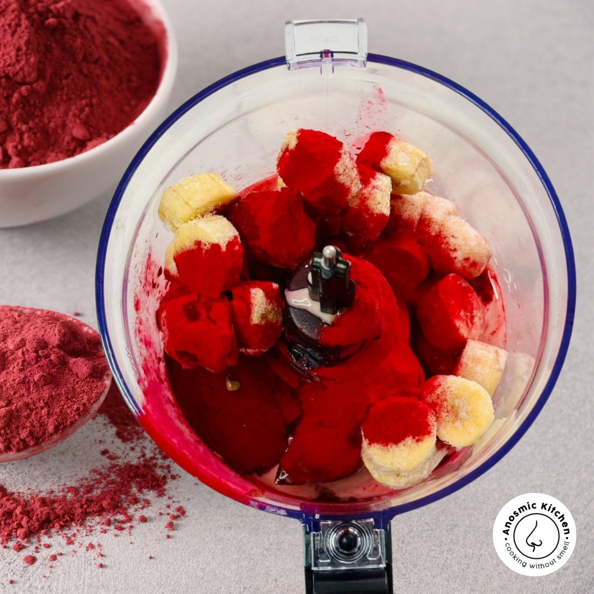 beetroot smoothie ingredients in a food processor bowl