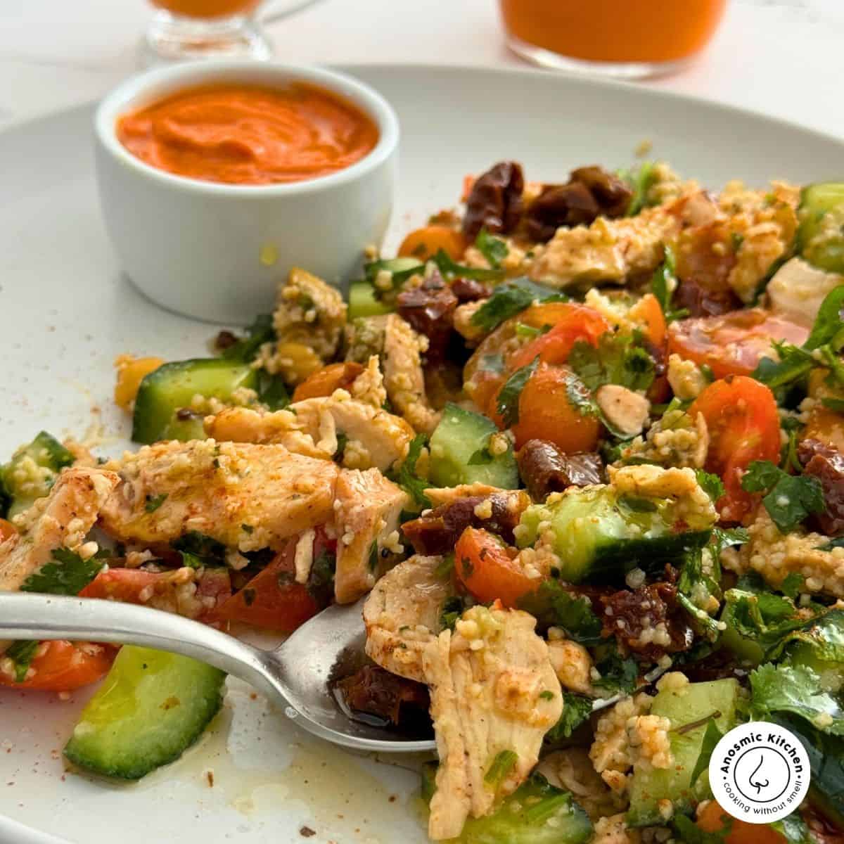 couscous chicken salad with red pepper dressing