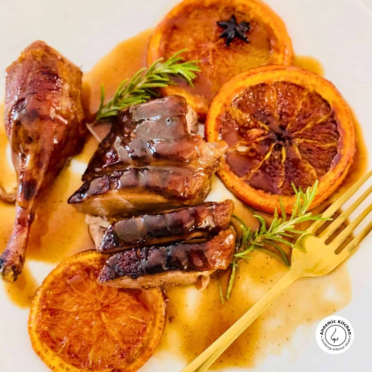 serving roasted orange duck