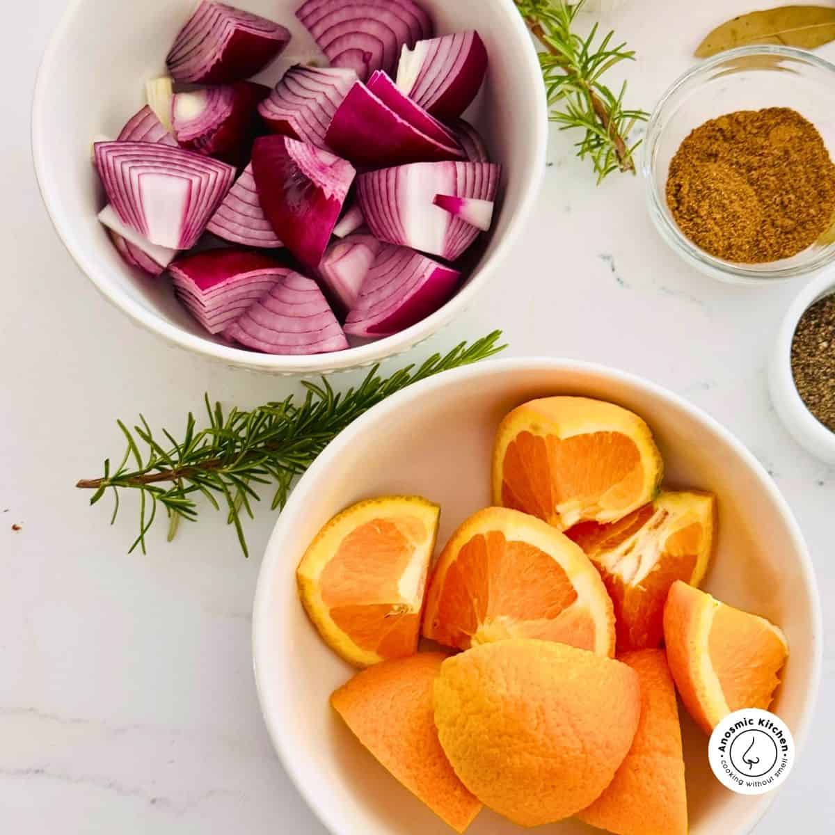 onions, orange ingredients for glaze