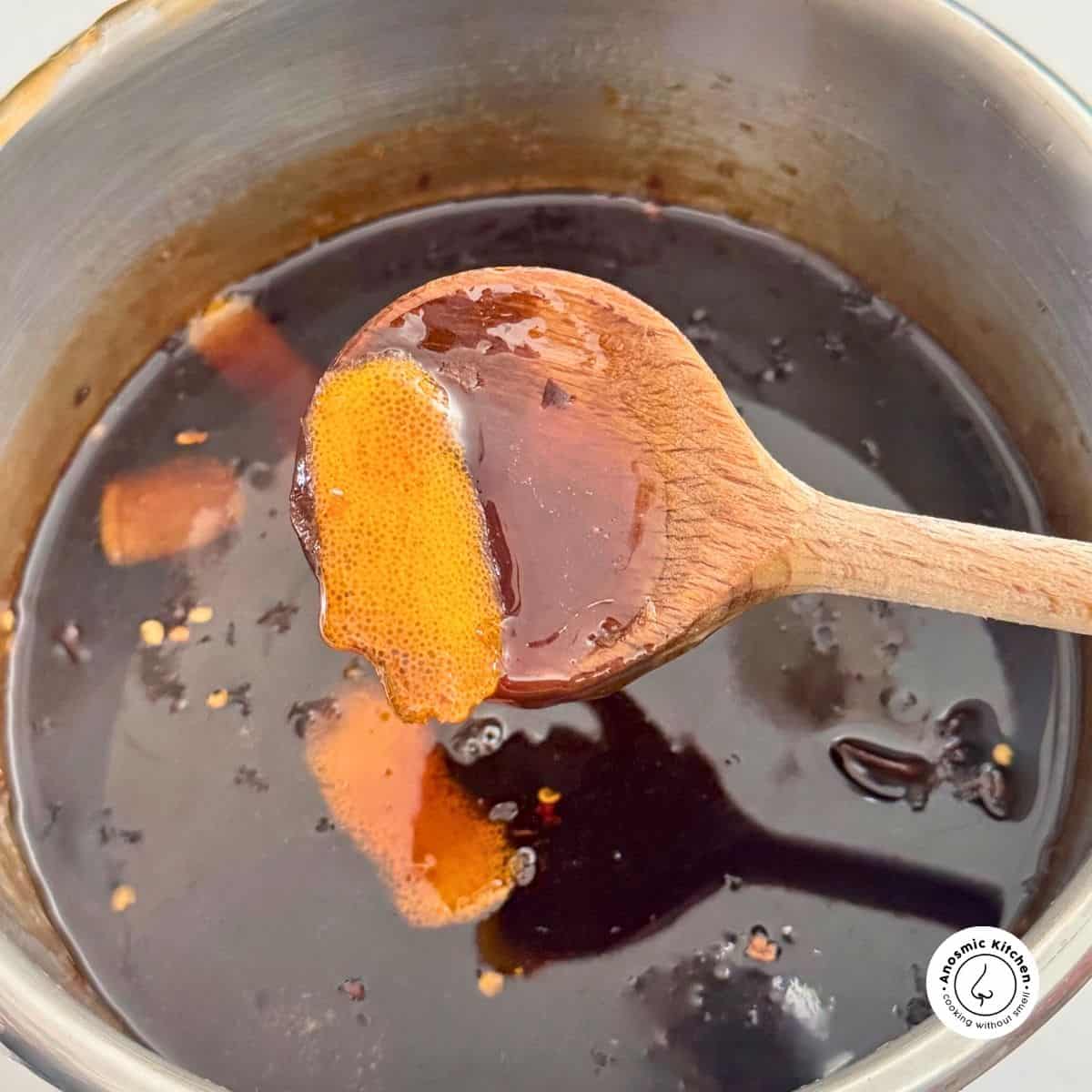 sticky glaze in a sauce pan