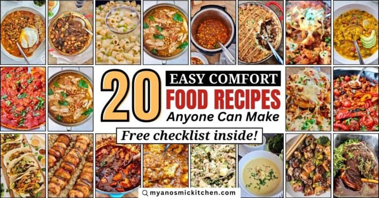 Comfort food recipe roundup with soups, stews, and easy dinners