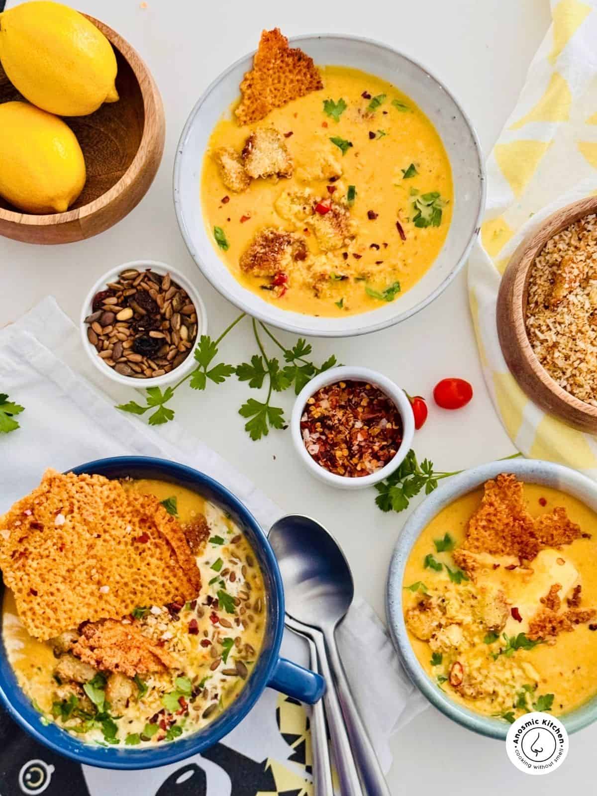 air fryer butternut soup carved into several bowl set on a table with toppings