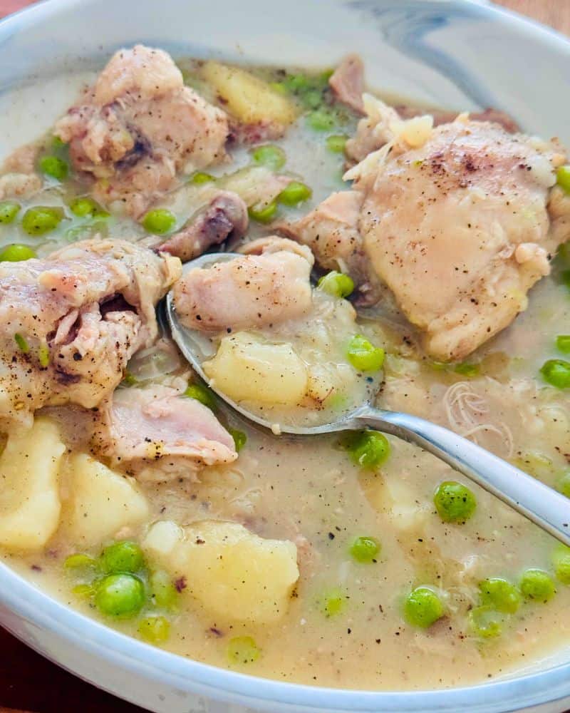 Chicken stew in a bowl with a spoon inside, ready to eat.