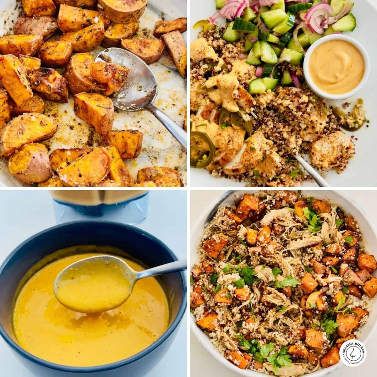 a grid of 4 images representing meal prep recipes