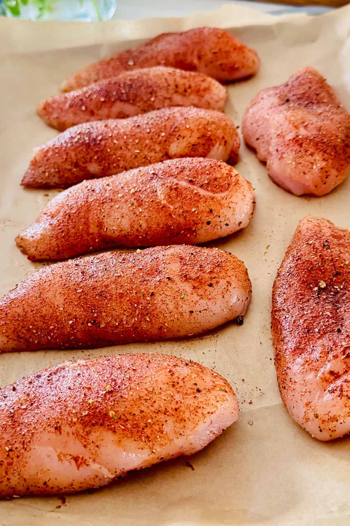 seasoned chicken breasts on parchment paper