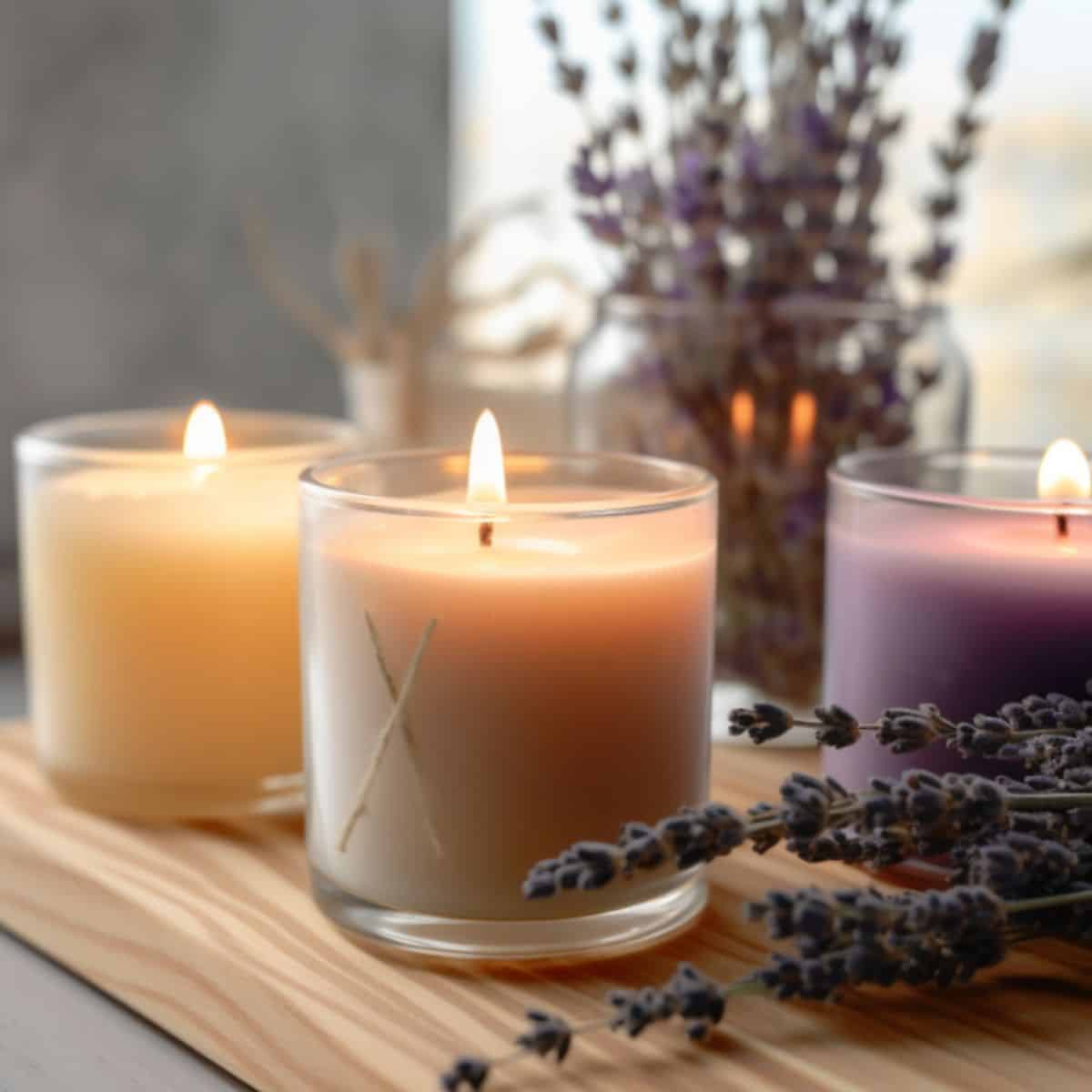 Lit candles in glass holders with fresh lavender in the background, placed on a rustic wooden table.