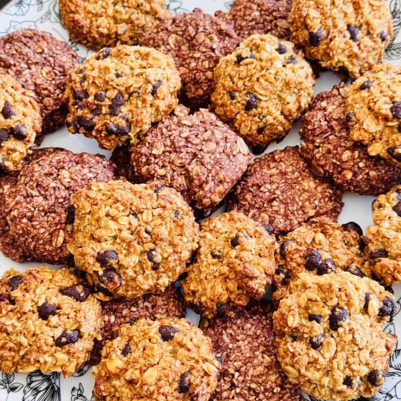 gluten free oat cookies packed onto a serving plate.