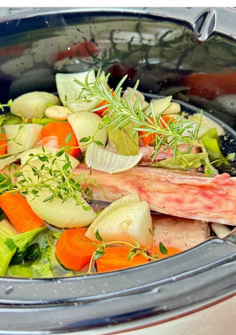 marrow bone beef broth mirepoix in a slow cooker