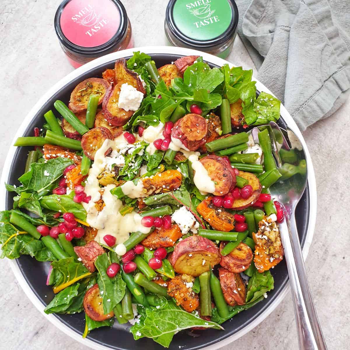 Roasted sweet potato and butternut salad, full of flavor with the best salad dressing!