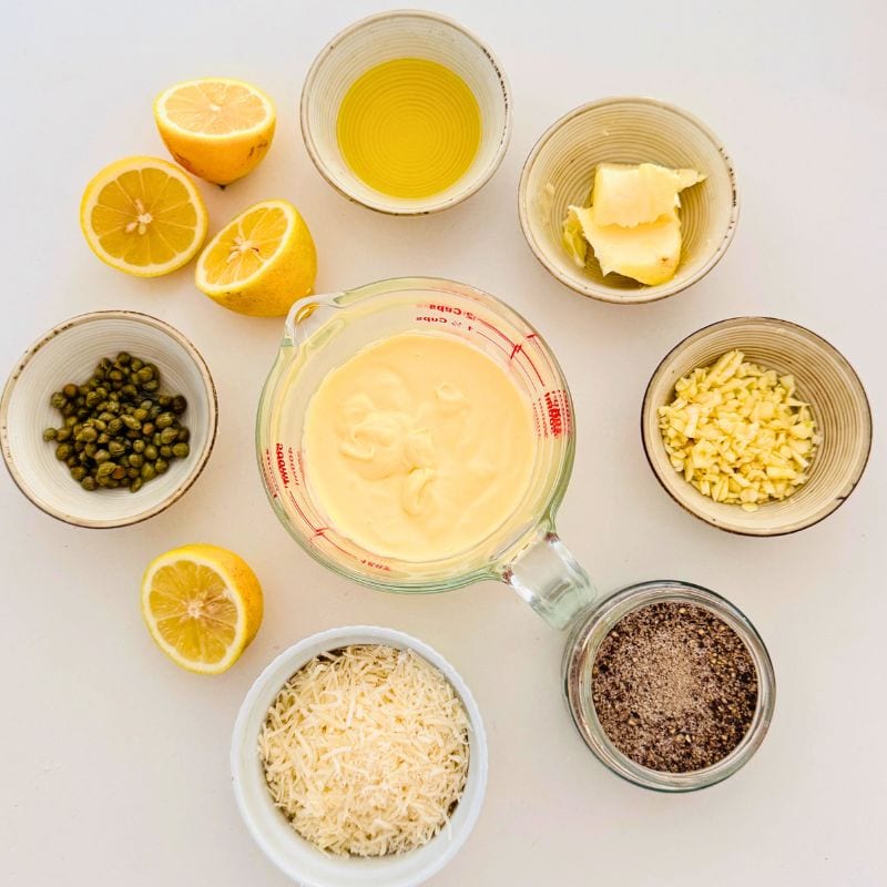 ingredients for creamy lemon garlic butter sauce with capers