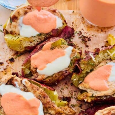 baked & stuffed sweet potatoes served with pink sauce